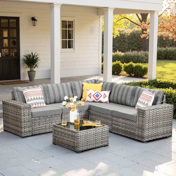 HOOOWOOO Tahoe Gray 6-Piece Wicker Extra-Wide Arm Outdoor Patio Conversation Sofa Set with Striped Gray Cushions