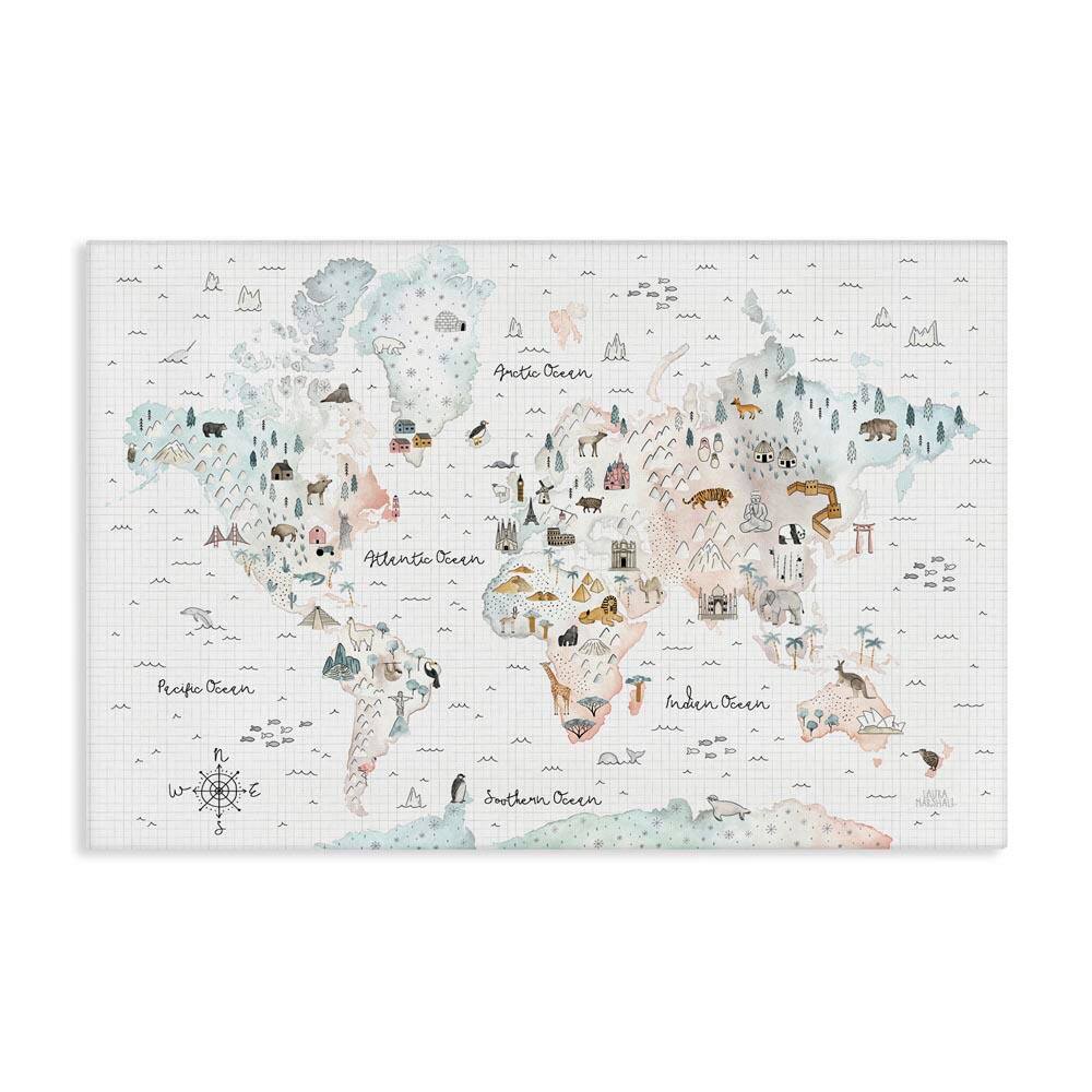 Whimsical World Traveler Map by Laura Marshall Unframed Animal Graphic Art Print 30 in. x 45 in. price history on PriceWatchPro