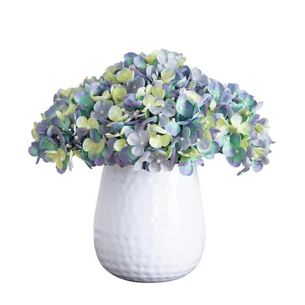Nearly Natural 11 in. Artificial Hydrangea Arrangement in White Metal Vase