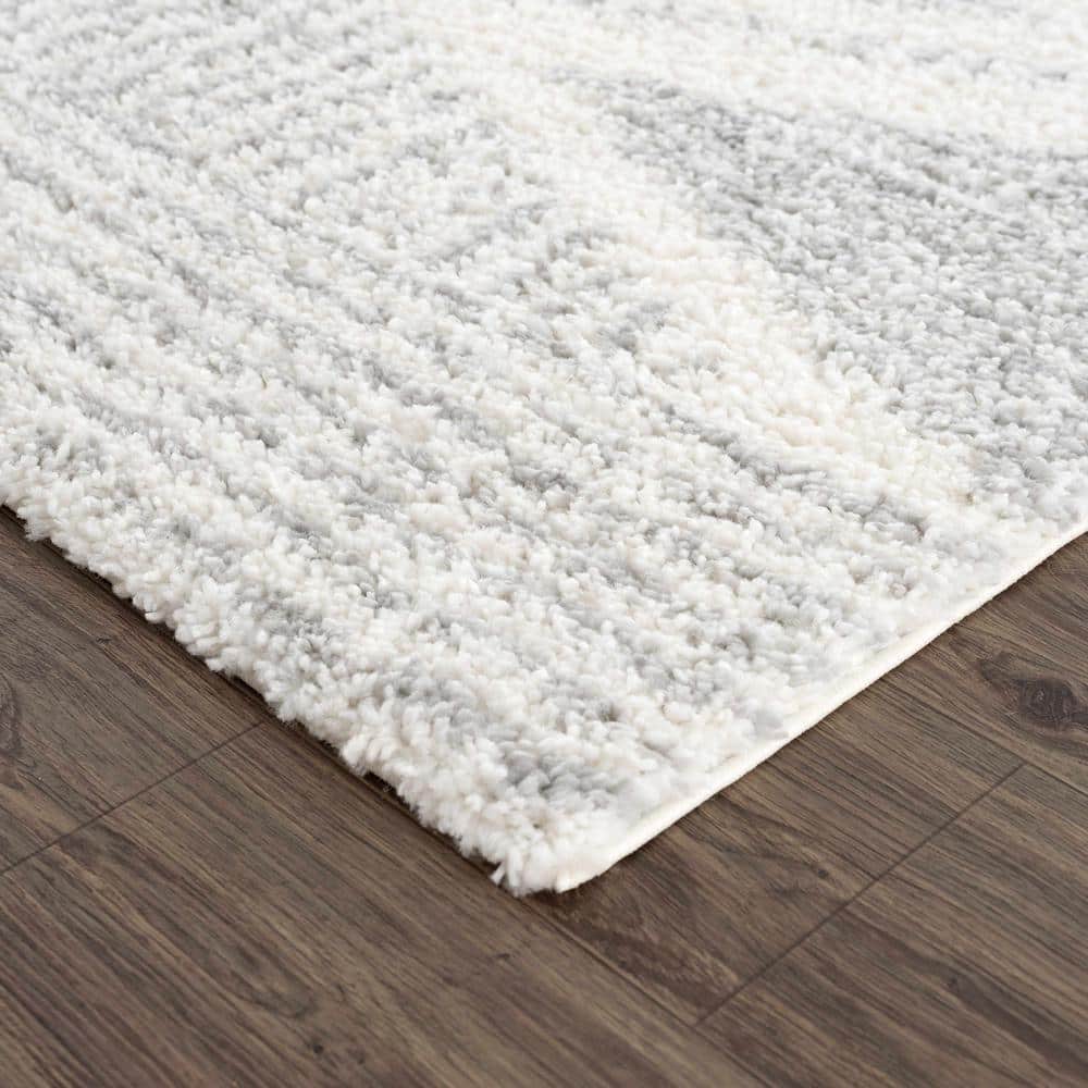 Gray and Cream Geometric Shag Area Rug 6'7" x 9'