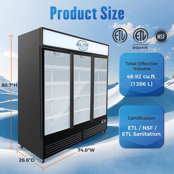 74 in. 49 cu. ft. Auto/Cycle Defrost Commercial 3 Glass Door Refrigerator EDC50M in Black