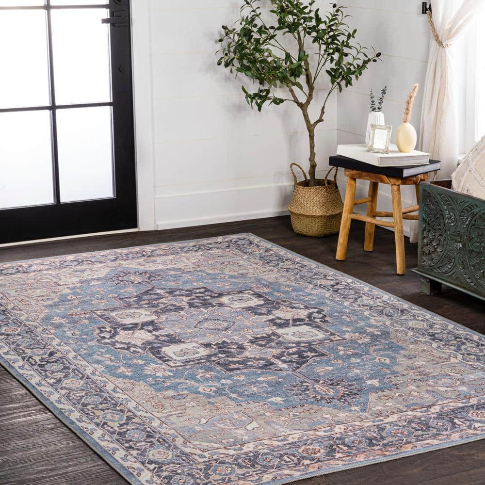 Maris Ornate Medallion Blue/Cream Chenille 4' x 6' Washable Area Rug