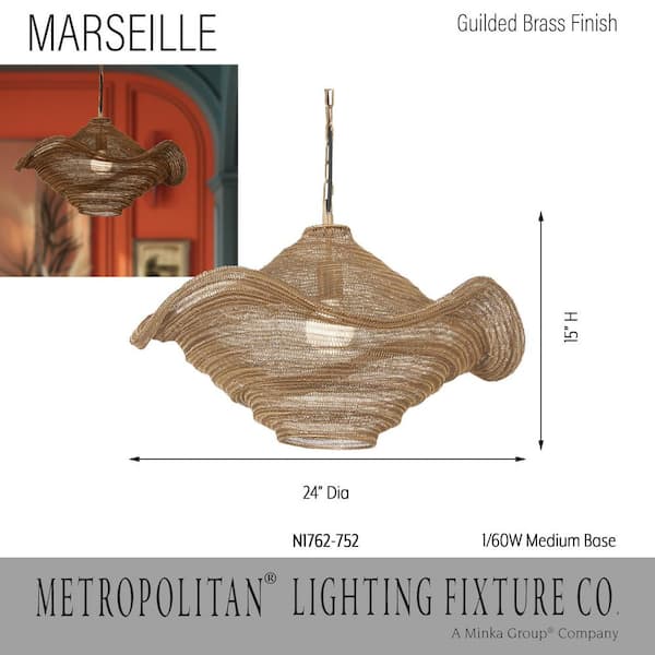 Metropolitan Marseille 40-Watt 1-Light Gilded Brass Unique Pendant