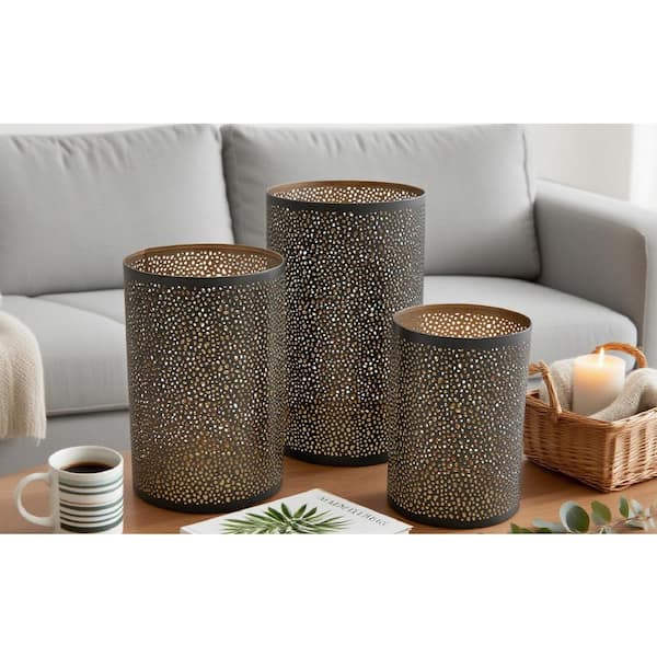 Global-Inspired Bronze and Gold Iron Pierced Metal Hurricane Candle Holders 3-Pack-Mesh Design, Indoor/Outdoor Use