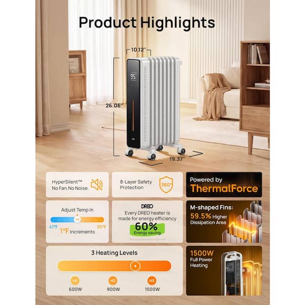 1500-Watt 25.71 in. Electric Oil Filled Radiator Heater with Remote Control