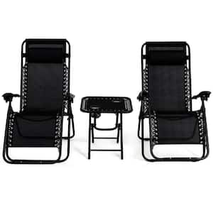 3-Piece Metal Fabric Folding Portable Zero Gravity Reclining Lounge Chairs Patio Conversation Set in Black