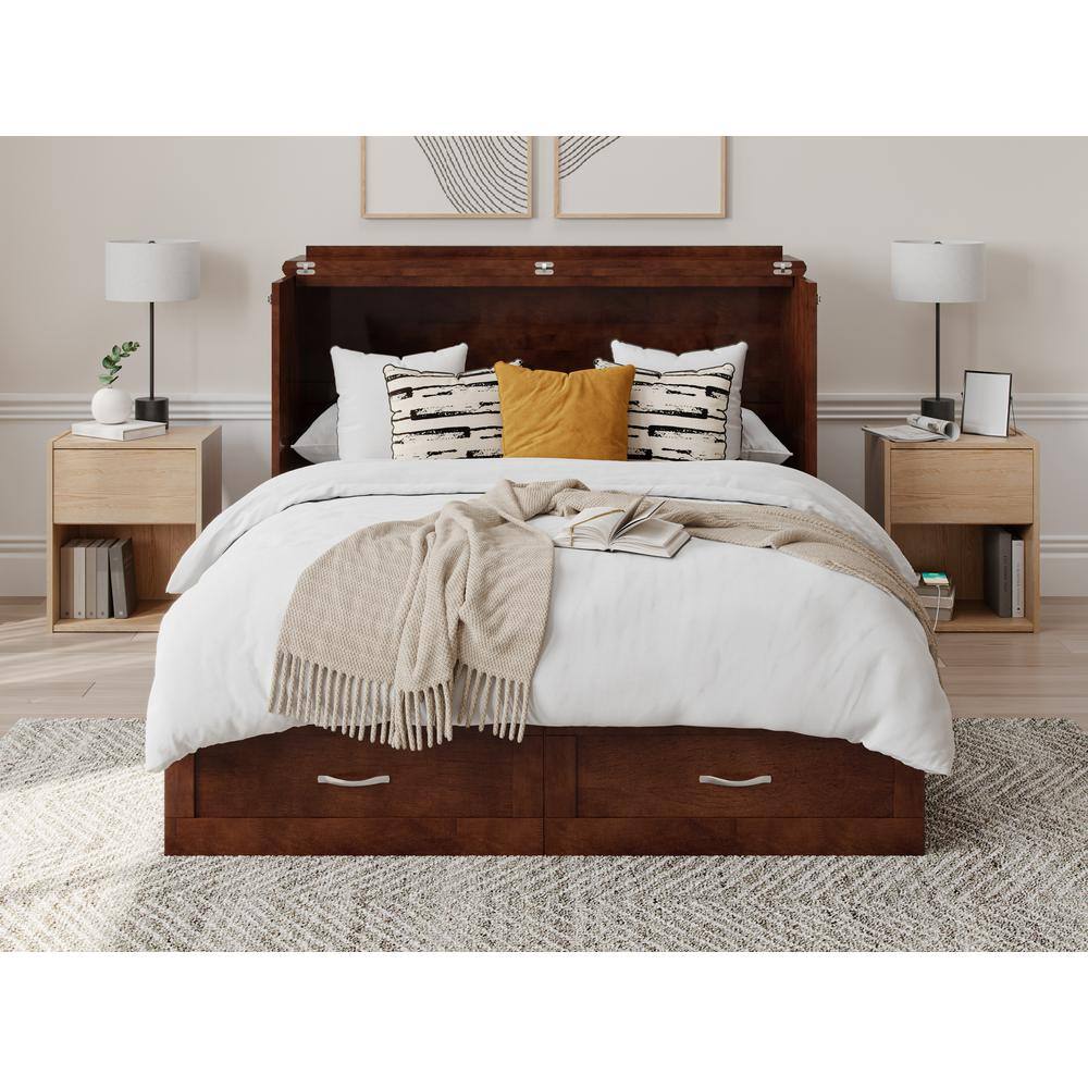 Walnut Full Murphy Bed Chest with Upholstered Wood Frame and Drawer