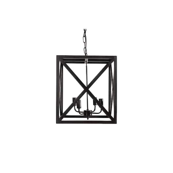 Storied Home 4-Light Black Pendant Light with Wood Shade