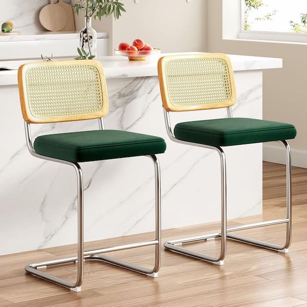 Lirago Dark Green Upholstered Velvet 24 in. Height Bar Stool with Rattan Back (Set of 2)