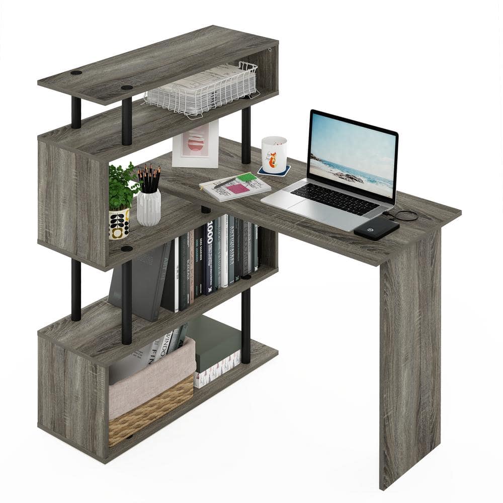 French Oak and Black Wood L-Shape Corner Computer Desk