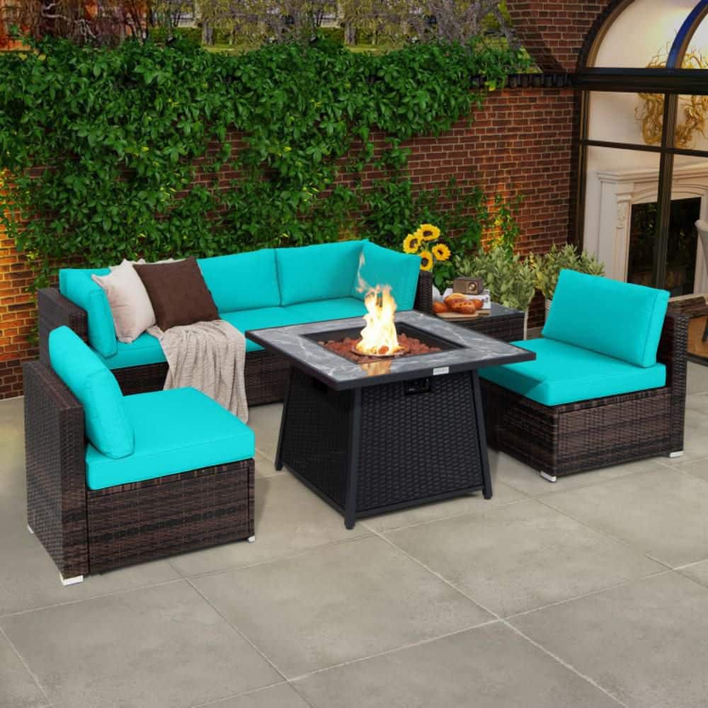 7-Piece Wicker Patio Conversation Set with 50000-BTU Propane Gas Fire Pit and Green Cushions price history on PriceWatchPro