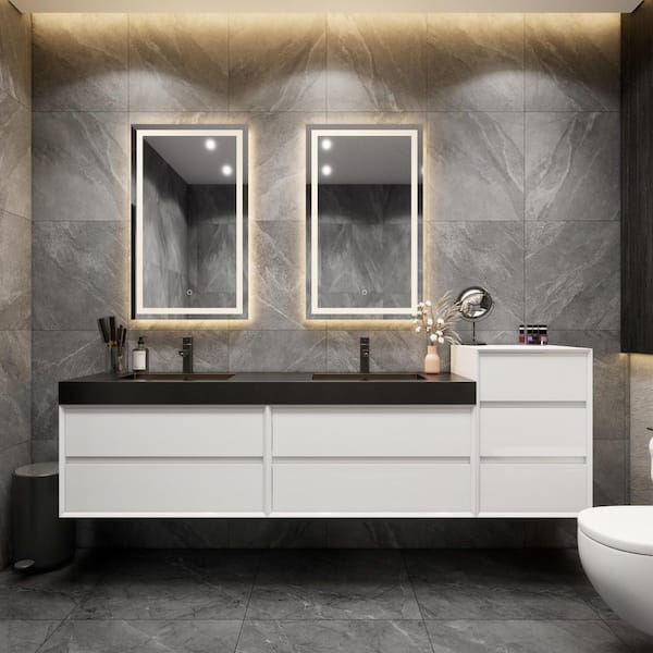 MIA 91 in. W x 20 in. D x 30 in. H Double Sink & Side Cabinet Bath Vanity in Gloss White with Black Stainless Steel Top