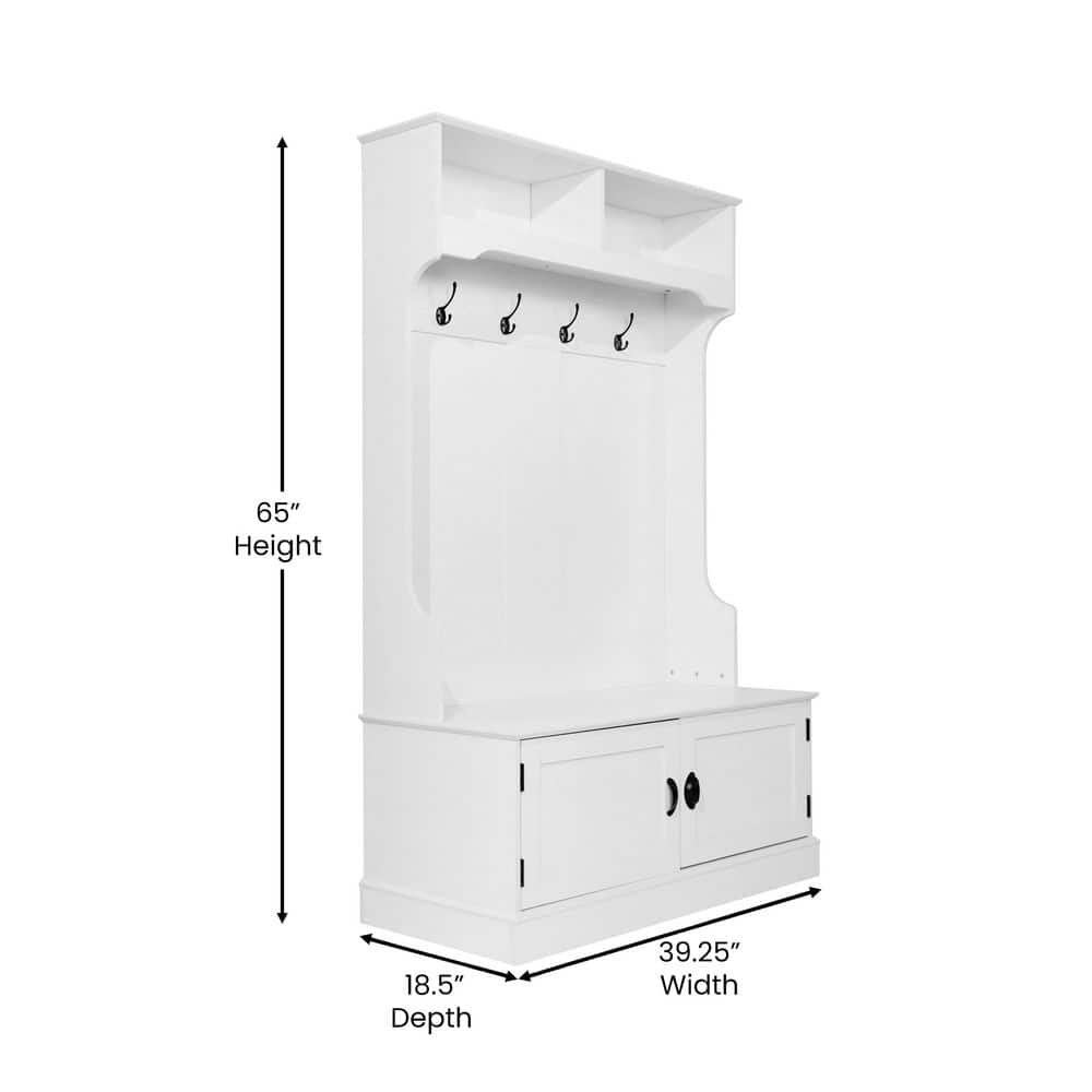 White Wooden Hall Tree with Storage Bench and Coat Rack