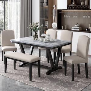 6-Piece Kitchen Table Set Wooden Marbled Veneers Dining Table with V-Shaped Legs and Cushioned Bench Seats 6