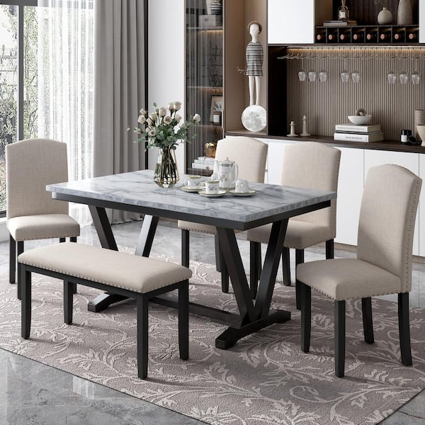 URTR 6-Piece Kitchen Table Set Wooden Marbled Veneers Dining Table with V-Shaped Legs and Cushioned Bench Seats 6