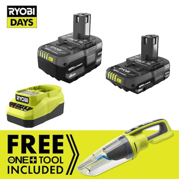 ONE+ 18V Lithium-Ion 4.0 Ah Battery, 2.0 Ah Battery, and Charger Kit with ONE+ Cordless Wet/Dry Hand Vacuum