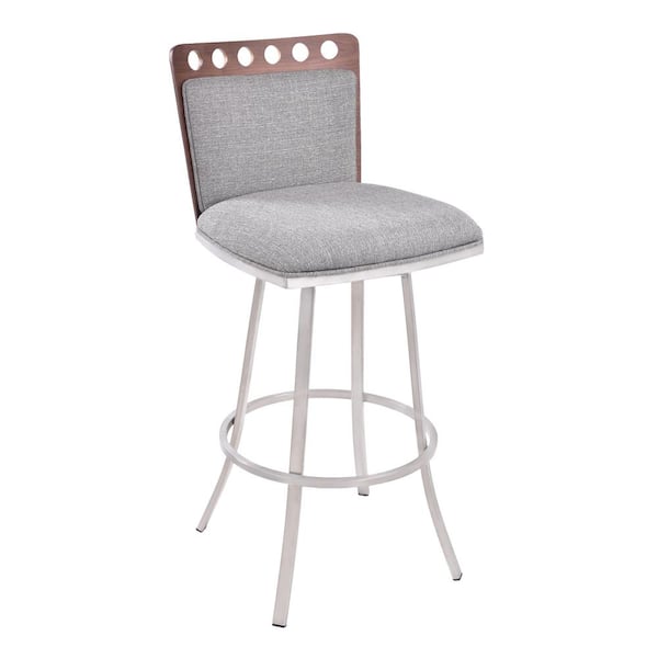 Armen Living Coco 26 in. Gray Fabric with Brushed Stainless Steel Finish and Walnut Back Swivel Bar Stool