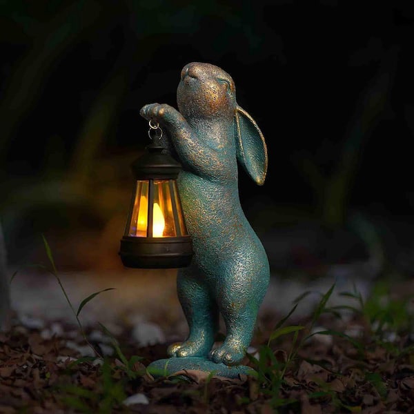 FAWEY TRED INC 11.4 in. Solar Powered Resin Rabbit Statue with