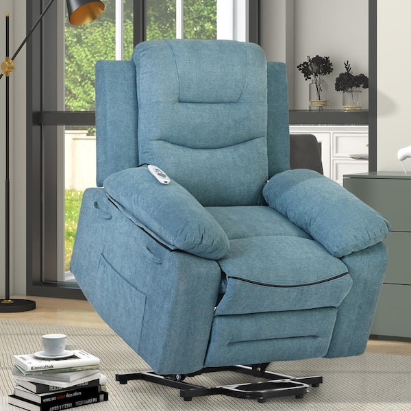 J&E Home Electric Power Lift Linen Massage Recliner Chair with Remote Control Massage and Heating Function in Blue