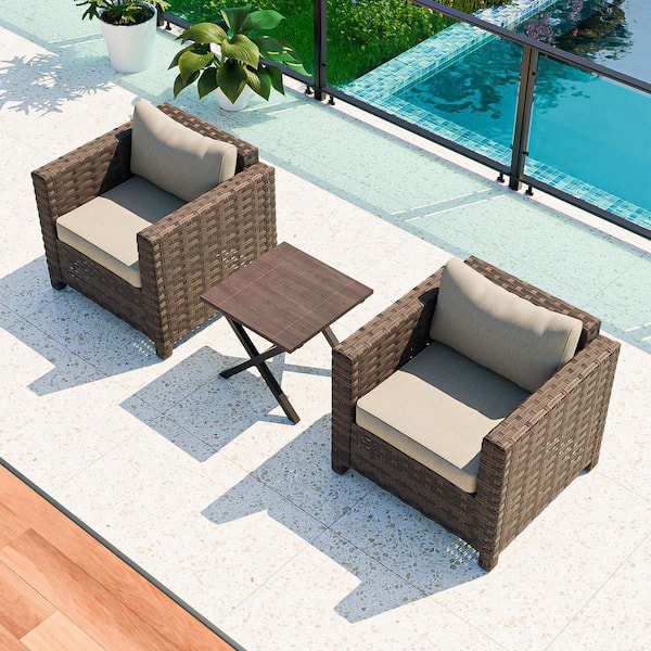 3-Piece Brown Wicker Outdoor Patio Conversation Set with Beige Cushions, with Coffee Side Table