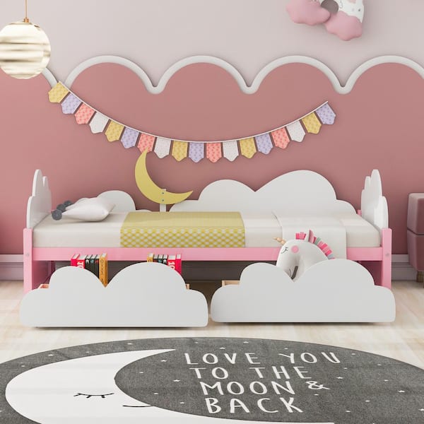 Nestfair Multi-Colored Wood Frame Twin Size Platform Bed with Crescent Moon Decor and 2-Drawers