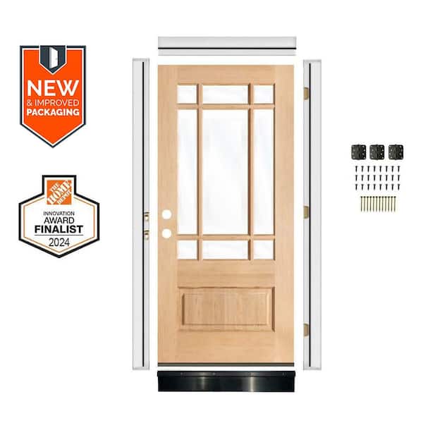 DIY 36 in. x 80 in. Prairie Hemlock RightHand 9Lite Clear Glass Unfinished Wood Front Door Kit w/ Quick Assemble Jamb