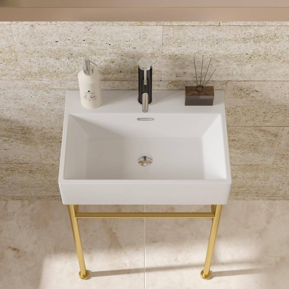 24 Inch White Ceramic Console Sink with Gold Metal Legs