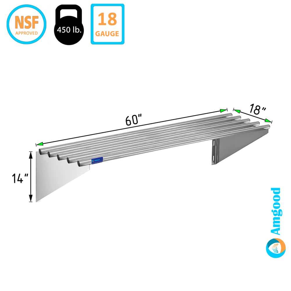 18in x 60in Stainless Steel Floating Wall Shelf with Brackets