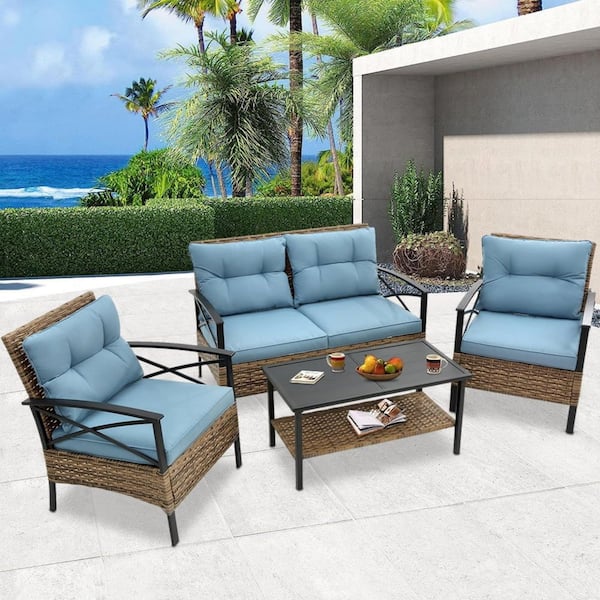 Unbranded 4-Piece Wicker Patio Conversation Sofa Set with Blue Cushions and Coffee Table Outdoor Garden Furniture Corner Sofa Set