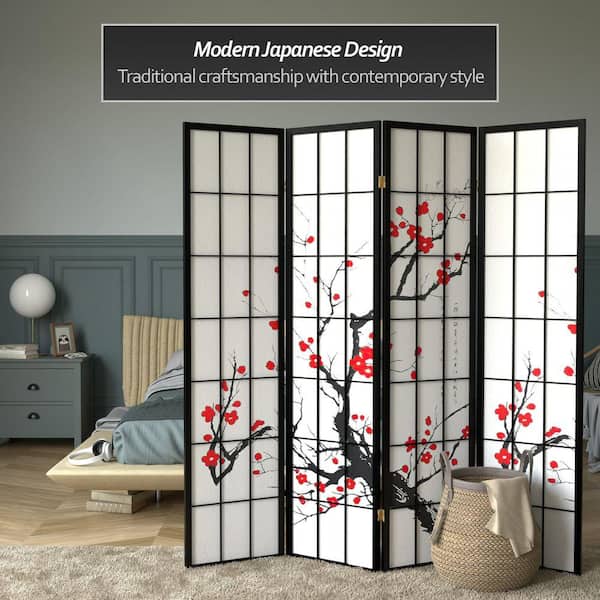 Red Lantern 6 ft. Black 4-Panel Room Divider BLOSSOM-BLK-4P - The