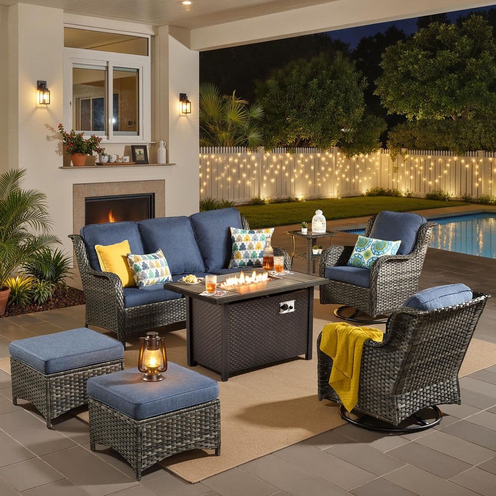 Janus Gray 7-Piece Wicker Outdoor Patio Rectangle Fire Pit Sectional Set with Denim Blue Cushions and Swivel Chairs price history on PriceWatchPro