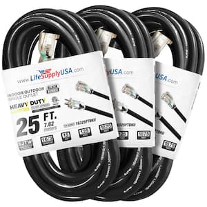 25 ft. 16-Gauge/3-Conductors SJTW Indoor/Outdoor Extension Cord with Lighted End Black (3-Pack)