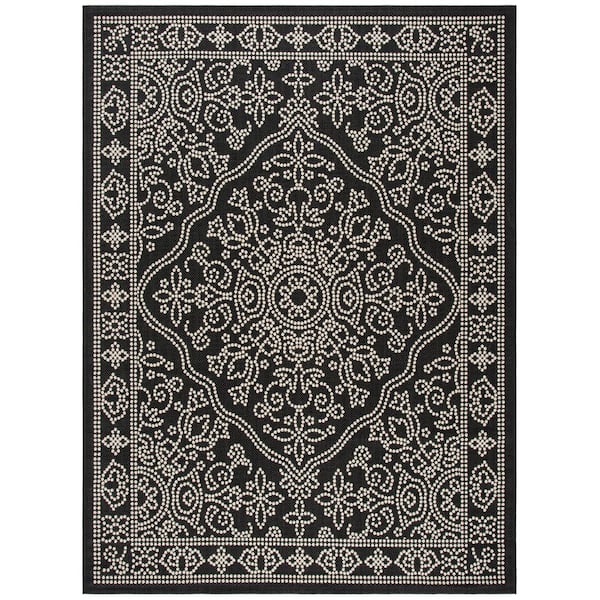 Courtyard Black/Beige 8 ft. x 11 ft. Traditional Ornate Floral Indoor/Outdoor Area Rug
