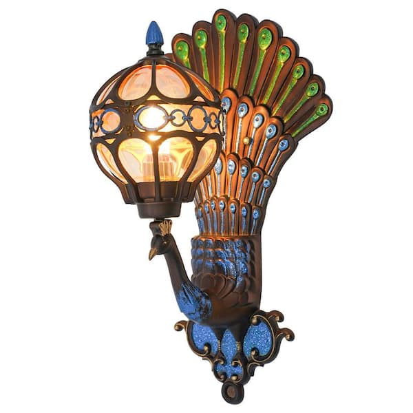 12.79 in. 1-Light Multi-Color Vintage Peacock Wall Sconce Wall Light with Clear Glass Shade with No Bulbs Included