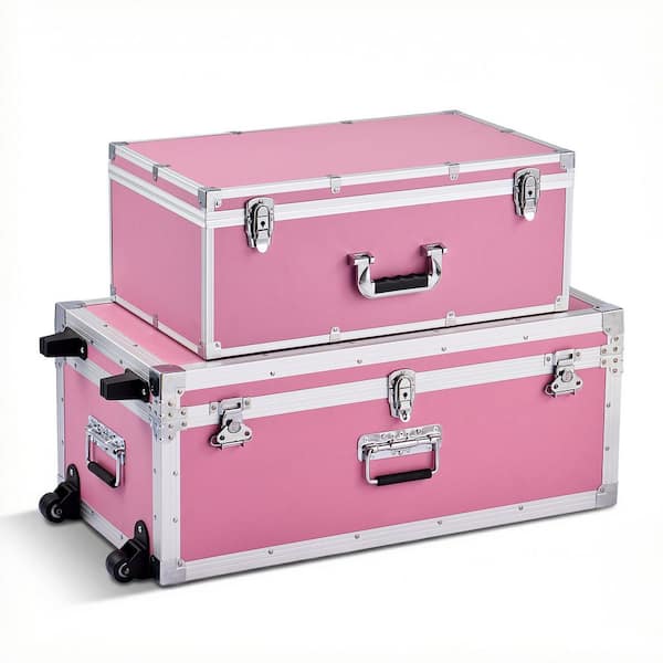 Set of 2 Metal Storage Trunks, Wooden Boxes with 30.04 in. Pink Backpack, Padlocks, Casters & Handles, Decorative Chest