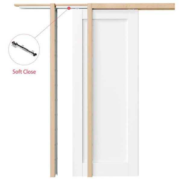 32 in. x 80 in. White Primed 1-Panel Core Solid Wood Sliding Pocket Door with Soft Close, Frame and Hardware Kit Set