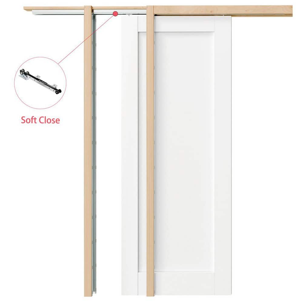 32 in. x 80 in. White Primed 1-Panel Core Solid Wood Sliding Pocket Door with Soft Close, Frame and Hardware Kit Set price history on PriceWatchPro