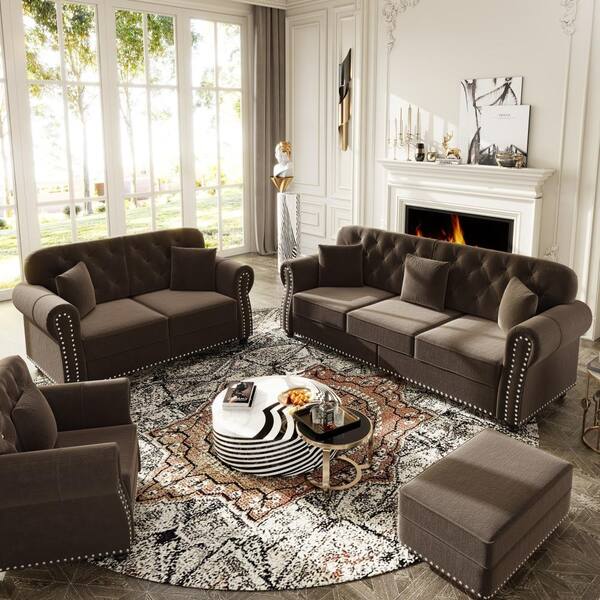 UOI Mid-Century Modern 63 in. Wide Rolled Arm Velvet Chesterfield