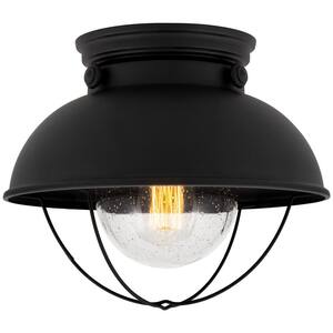 Bayside 11.25 in. 60-Watt 1-Light Matte Black Industrial Flush Mount with Clear Seeded Shade