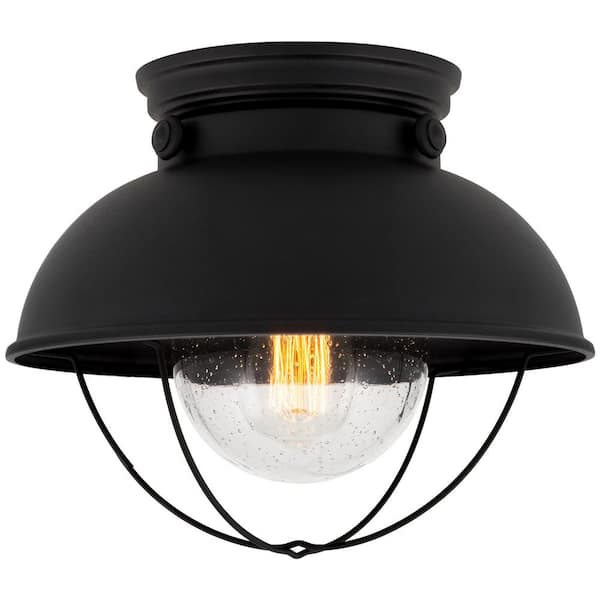 Kira Home Bayside 11.25 in. 60-Watt 1-Light Matte Black Industrial Flush Mount with Clear Seeded Shade