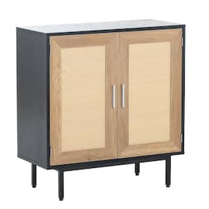 31.5 in. W x 13.38 in. D x 31.1 in. H Black Storage Linen Cabinet with 2-Rattan Decorated Doors