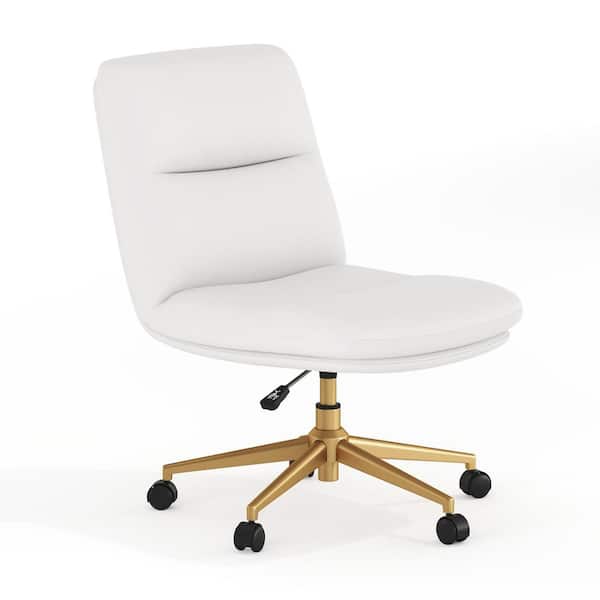 Carnegy Avenue Chloe Faux Leather Adjustable Height Cushioned Swivel Padded w/Wheels Task Office Chair in White LeatherSoft/Gold Frame