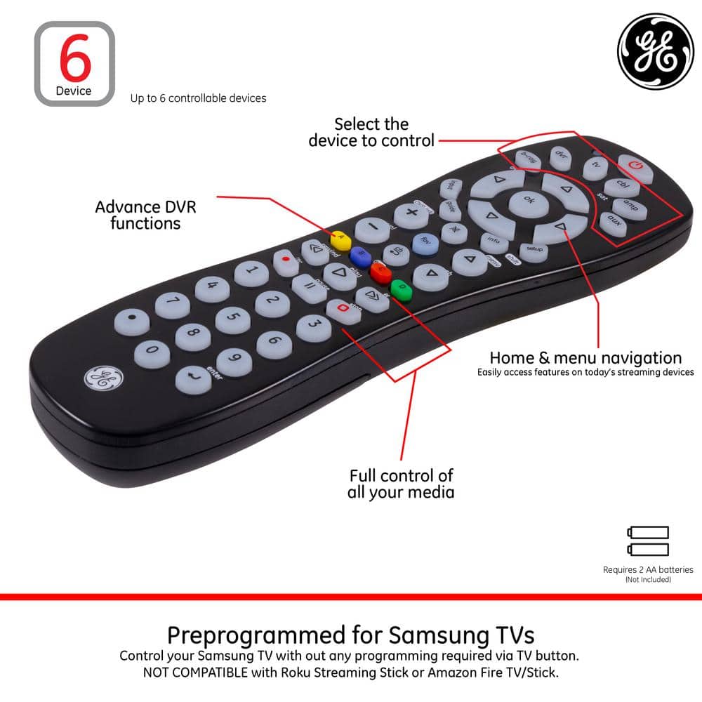 GE 6-Device Black Universal Remote Control with RF