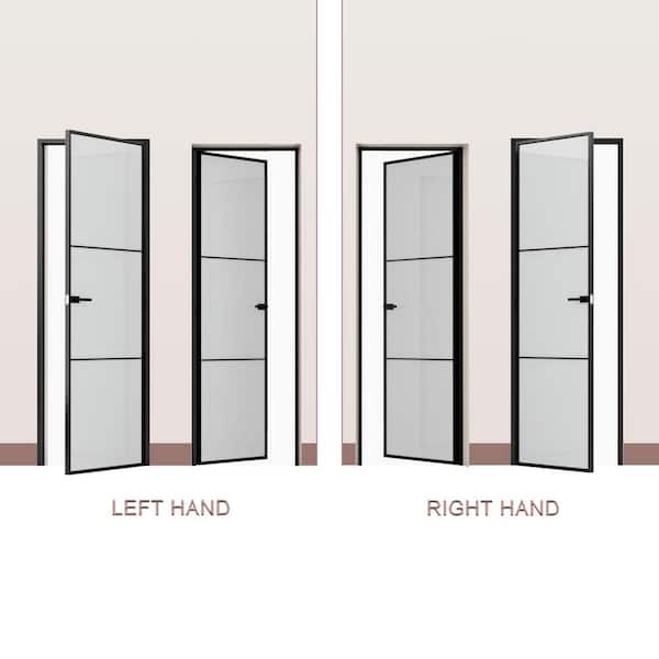 28 in. x 80 in. 3-Lite Frosted Glass Right Black Finished Aluminun Interior Door Slab Plus Free Aluminun Jamb & Lockset