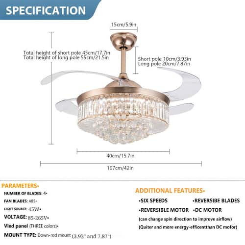 42 in. Integrated LED Indoor Gold Crystal Acrylic Retractable Blade Ceiling Fan with Light Ceiling Fans