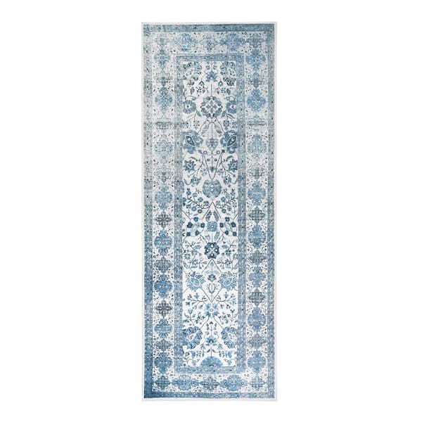 Lerik Blue/Off White Washable Rug 2.5 ft. x 7 ft. Runner Rug
