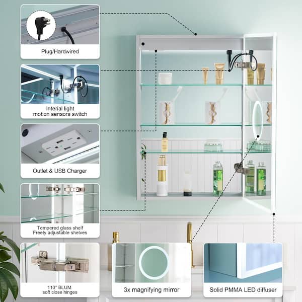 20.01 in. W x 30 in. H Rectangular Aluminum Recessed/Surface Mount LED Medicine Cabinet with Mirror, 3x Magnifying