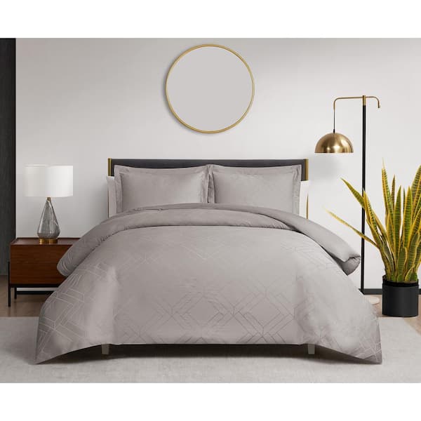 DESIGN STUDIO Hayward Taupe 3-Piece Cotton Diamond Jacquard Duvet Set - Full/Queen