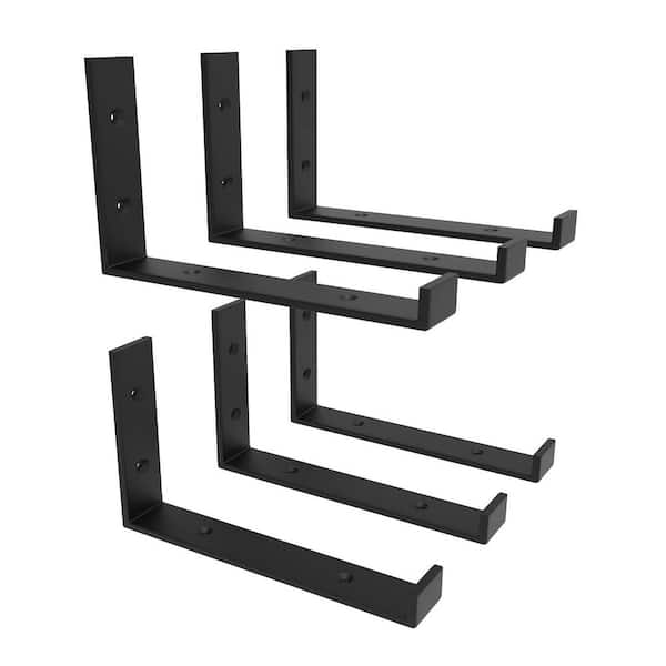 12 in. Heavy Duty Wall Mount Iron Metal Floating Shelf Brackets Matte Black Industrial J Shape 6-Pack