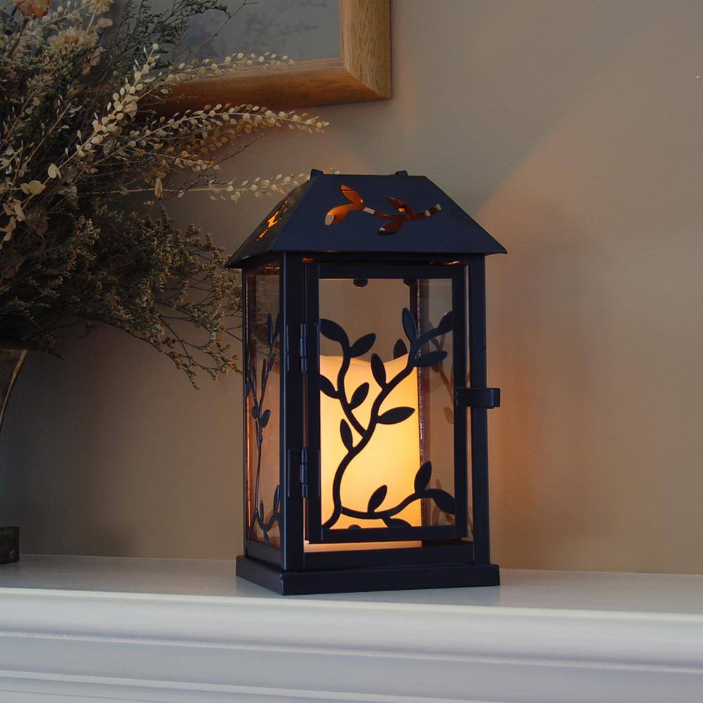 Bronze Floral Print LED Lantern with Flameless Candle